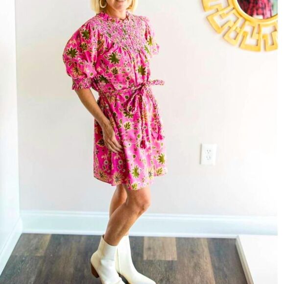 Olivia James Dresses & Skirts - Olivia James Floral Pink Dress w smocking and buttons at neckline-size M- EUC